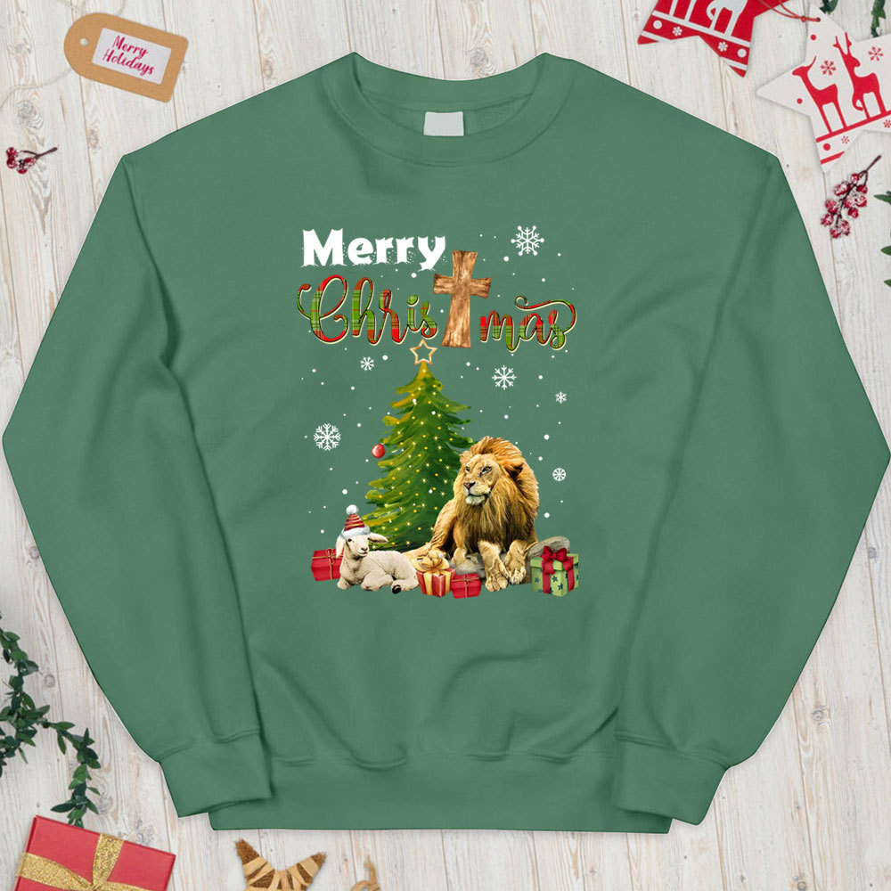 Merry Christmas Jesus Lion And Lamb Christian Christmas Sweatshirt