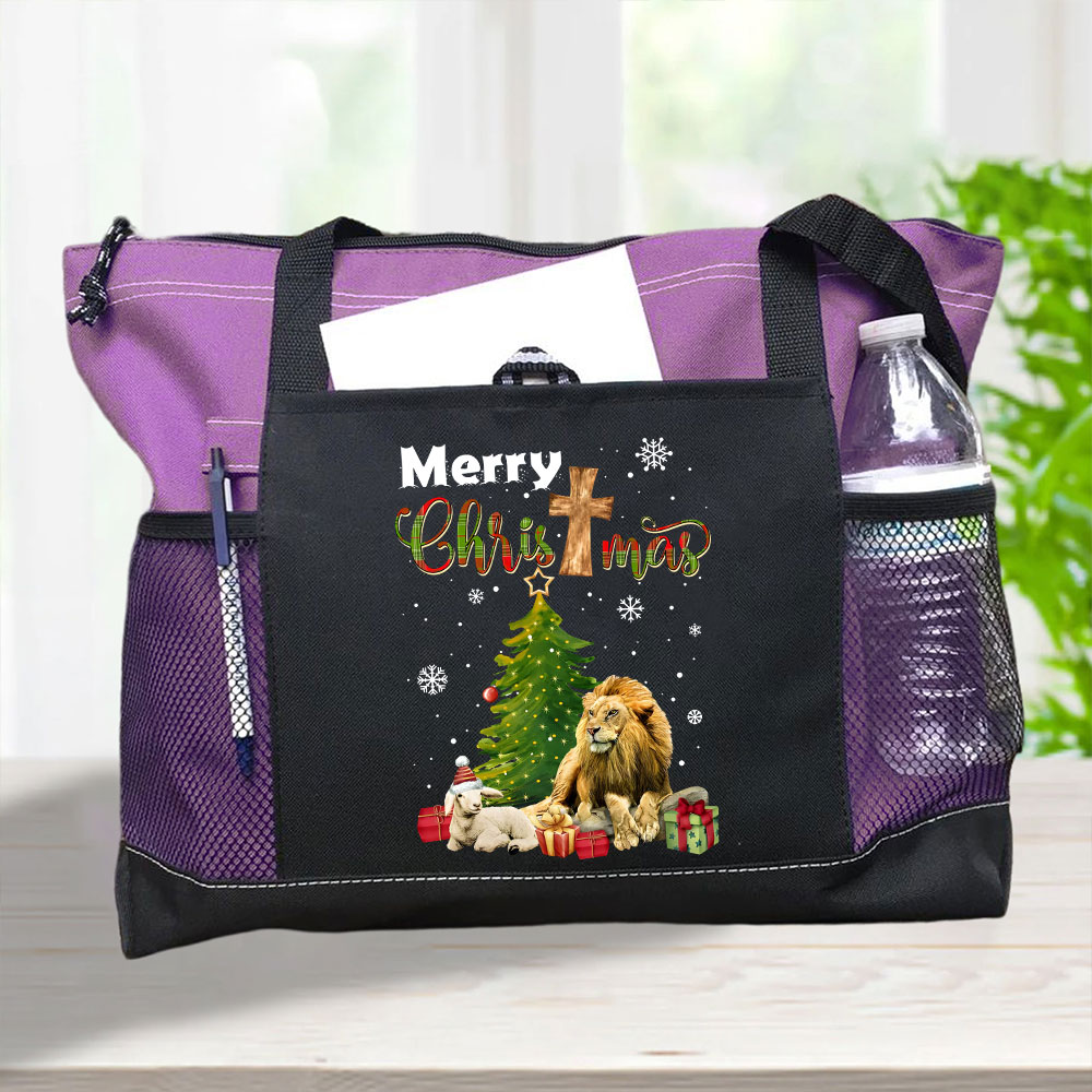 Merry Christmas Lion And Lamb Christian Christmas Tote Bag