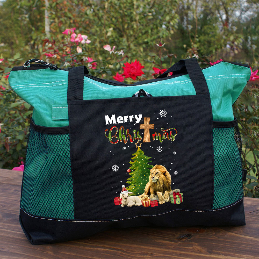 Merry Christmas Lion And Lamb Christian Christmas Tote Bag