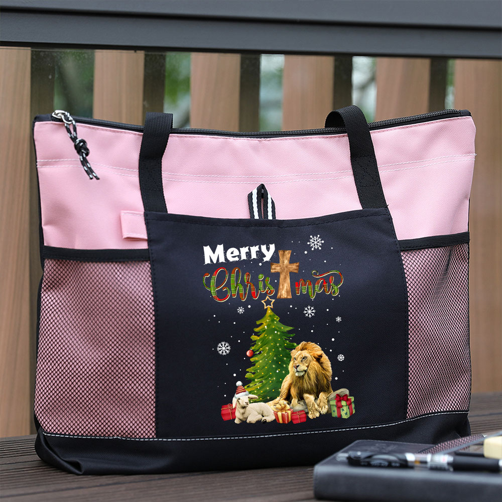 Merry Christmas Lion And Lamb Christian Christmas Tote Bag