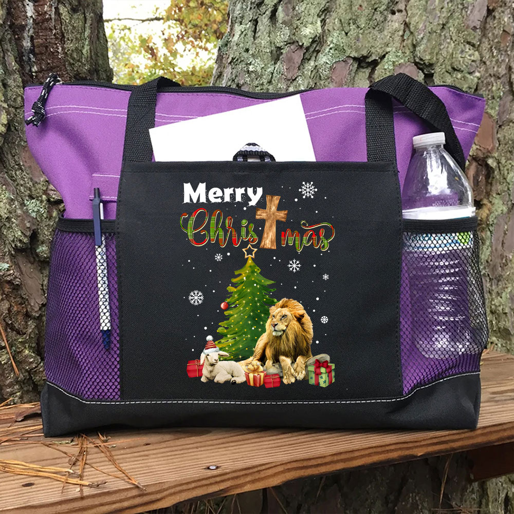 Merry Christmas Lion And Lamb Christian Christmas Tote Bag