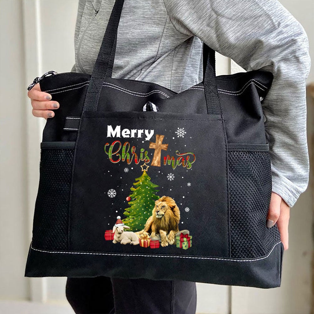 Merry Christmas Lion And Lamb Christian Christmas Tote Bag