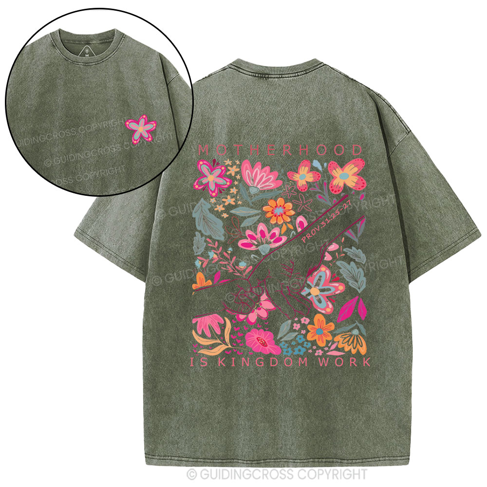 Motherhood Is Kingdom Work Flower Christian Washed T-Shirt