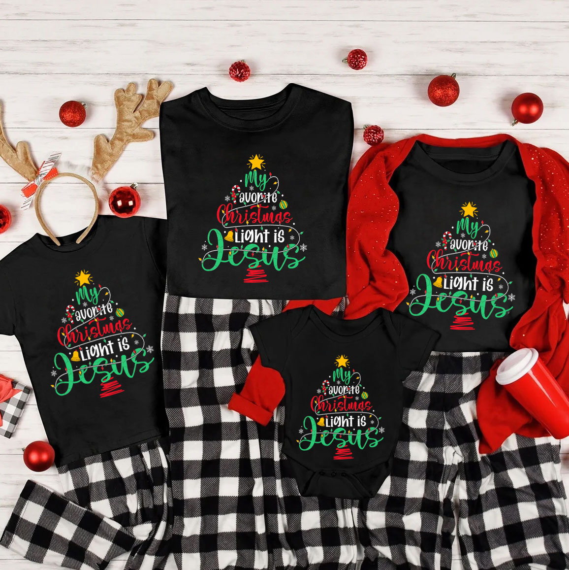 My Favorite Christmas Light Is Jesus Christian Christmas Family Matching Shirts 