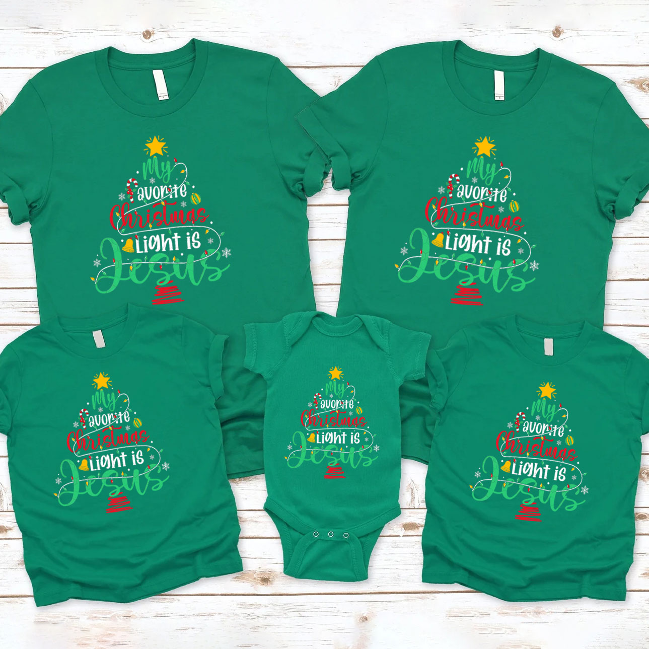 My Favorite Christmas Light Is Jesus Christian Christmas Family Matching Shirts 