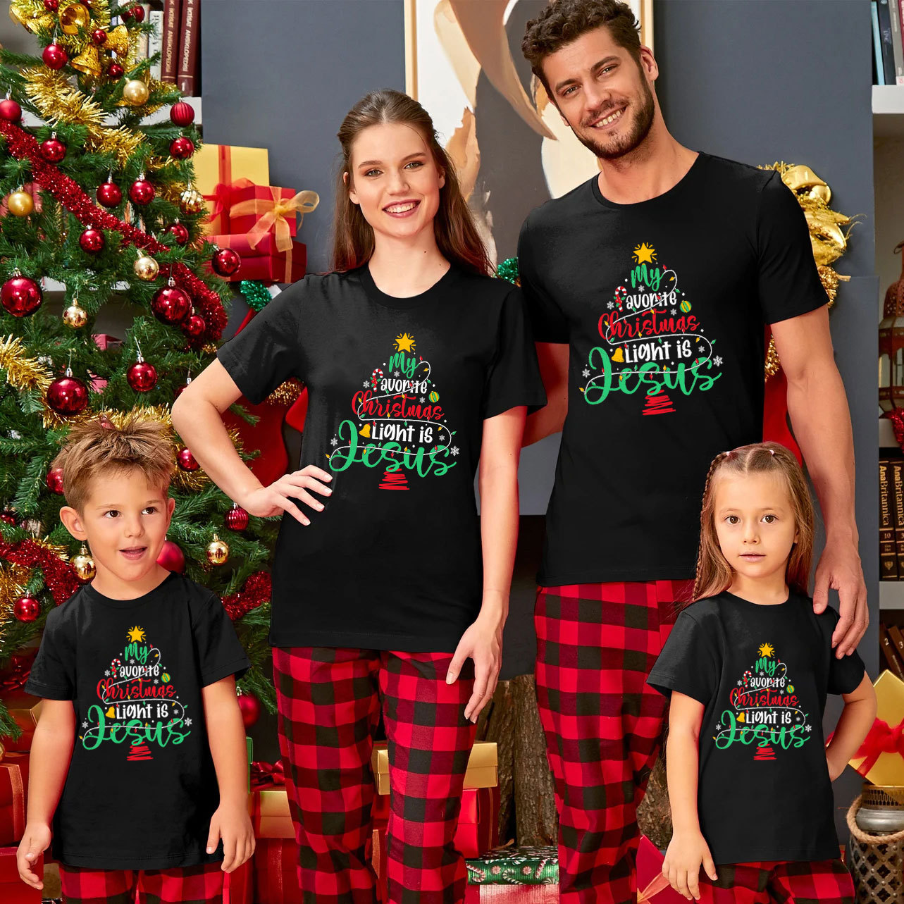 My Favorite Christmas Light Is Jesus Christian Christmas Family Matching Shirts 