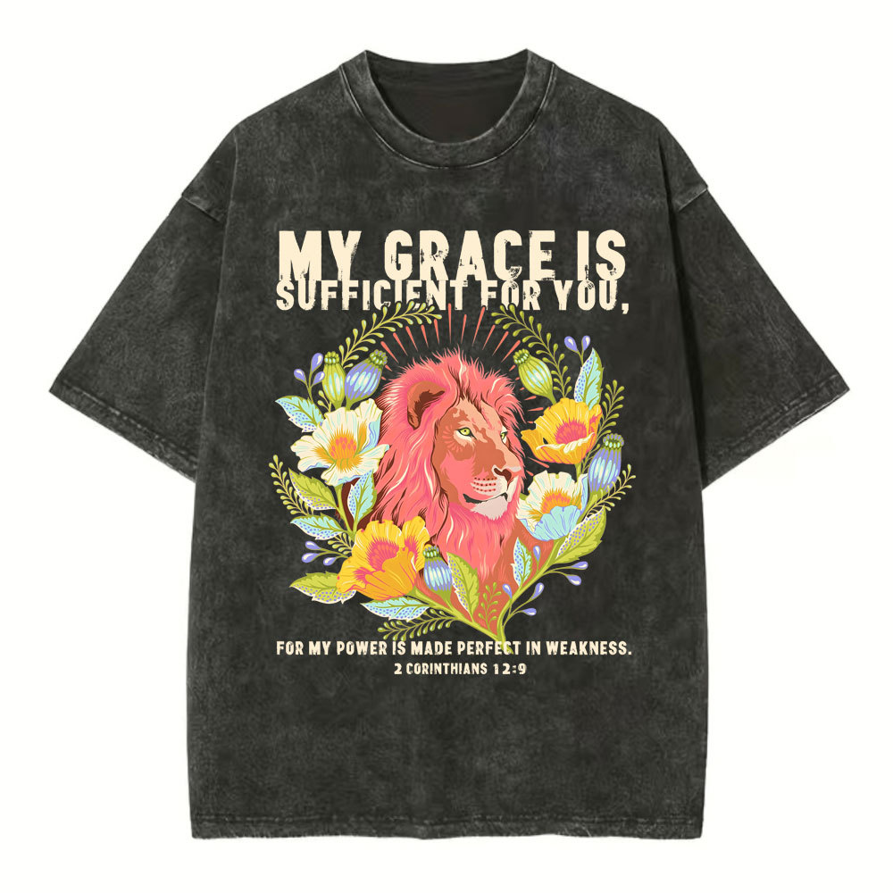 My Grace Is Sufficient For You Lion Christian Washed T-Shirt