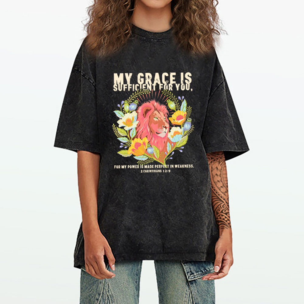 My Grace Is Sufficient For You Lion Christian Washed T-Shirt
