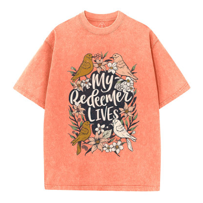 My Redeemer Lives Christian Washed T-Shirt