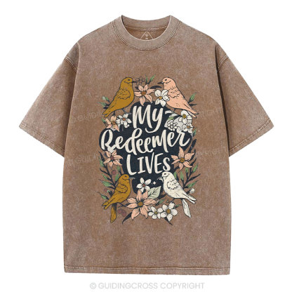 My Redeemer Lives Christian Washed T-Shirt