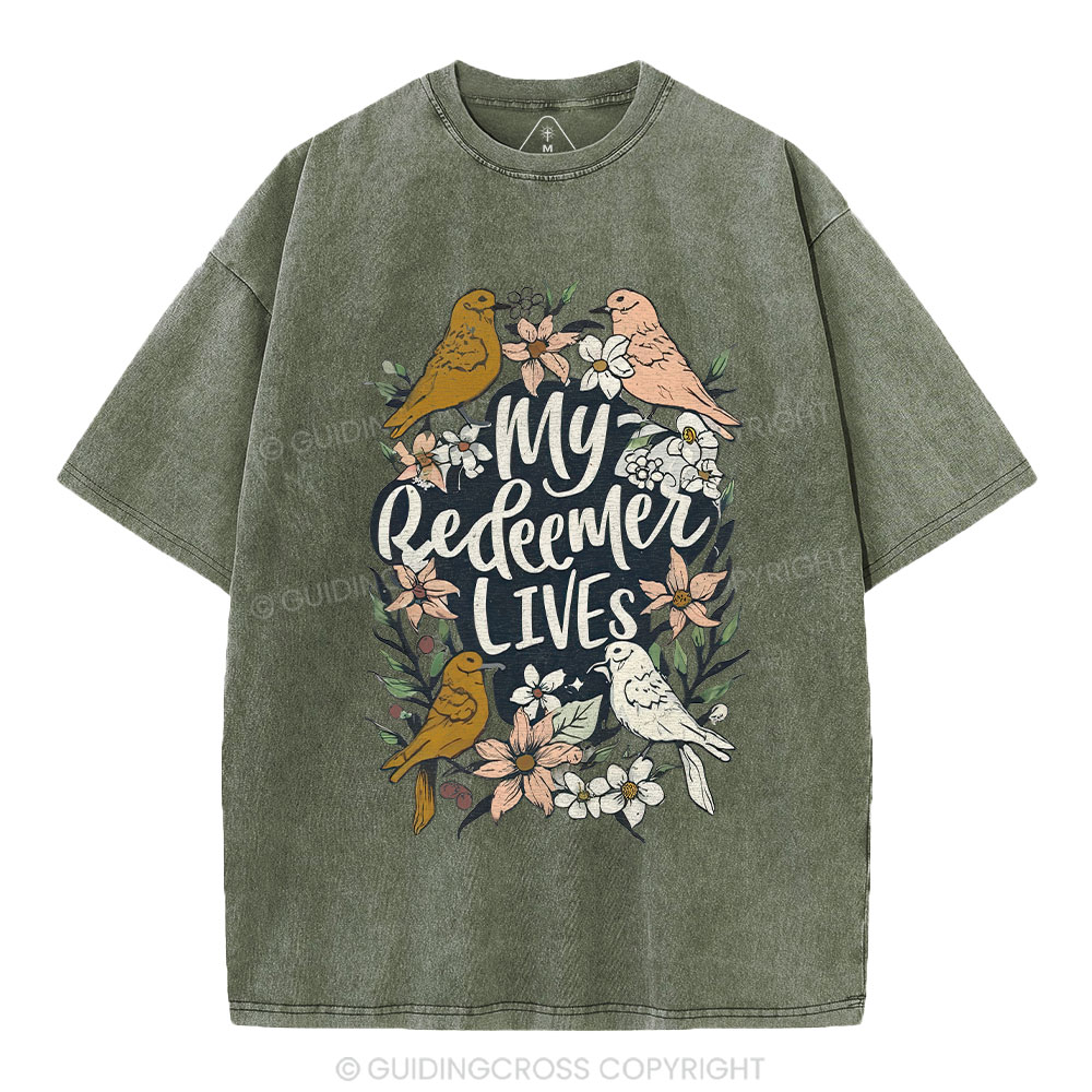 My Redeemer Lives Christian Washed T-Shirt