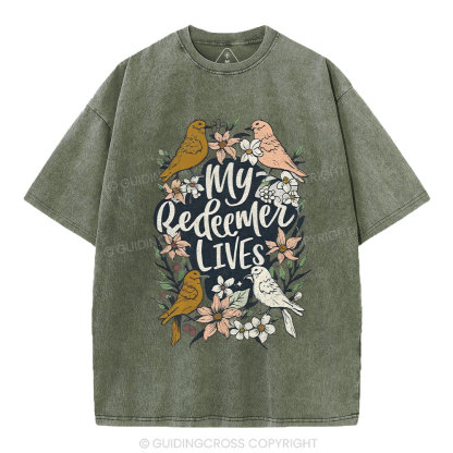 My Redeemer Lives Christian Washed T-Shirt