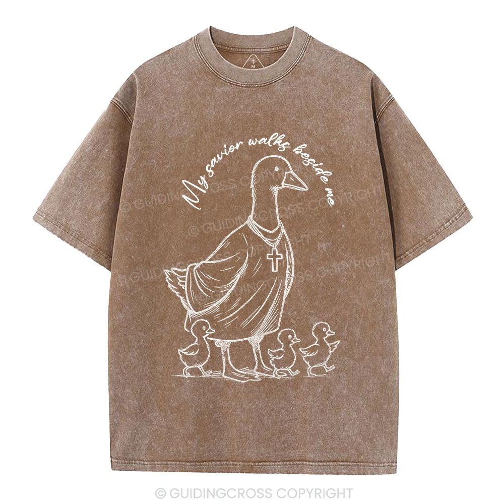 My Savior Walks Beside Me Christian Washed T-Shirt
