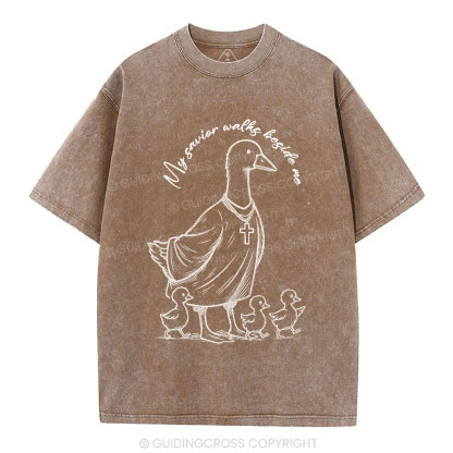 My Savior Walks Beside Me Christian Washed T-Shirt