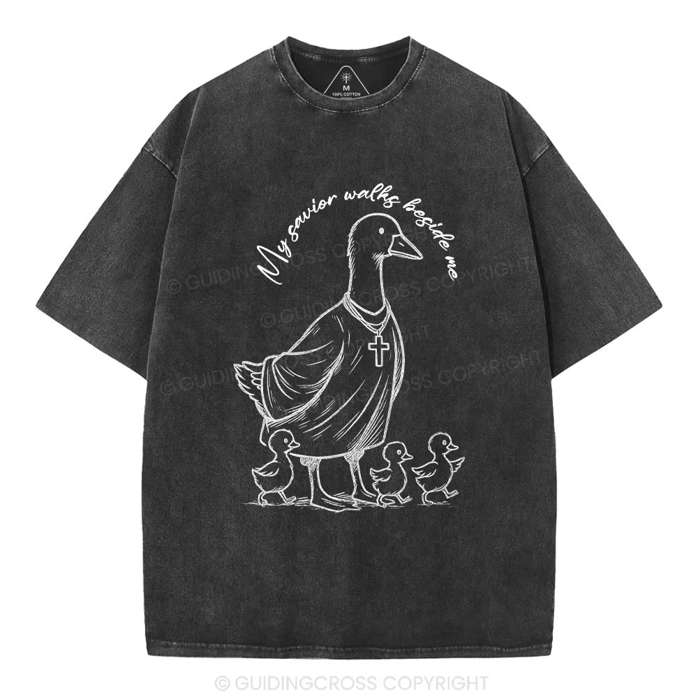 My Savior Walks Beside Me Christian Washed T-Shirt