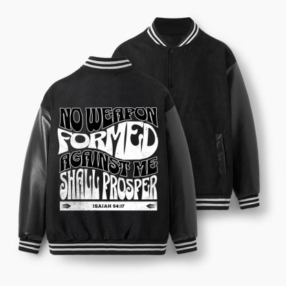 No Weapen Formed Against Me Christian Color Block Baseball Jacket