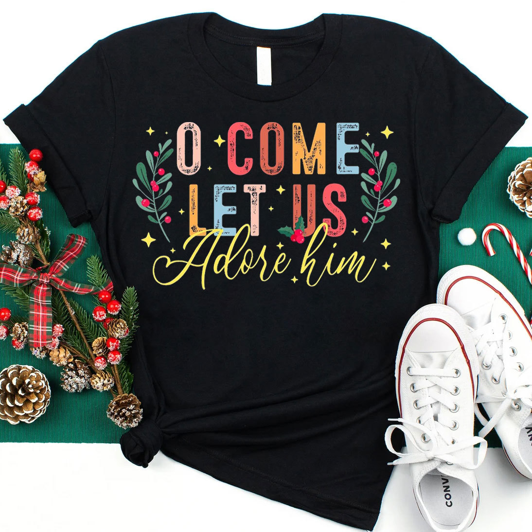 O Come Let Adore Him Christian Christmas T-Shirt