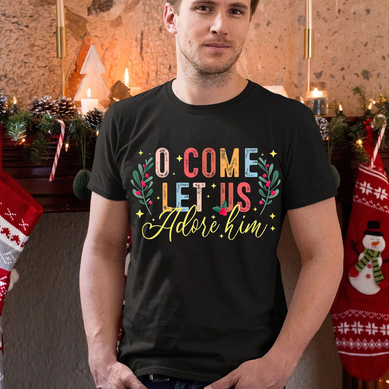 O Come Let Adore Him Christian Christmas T-Shirt