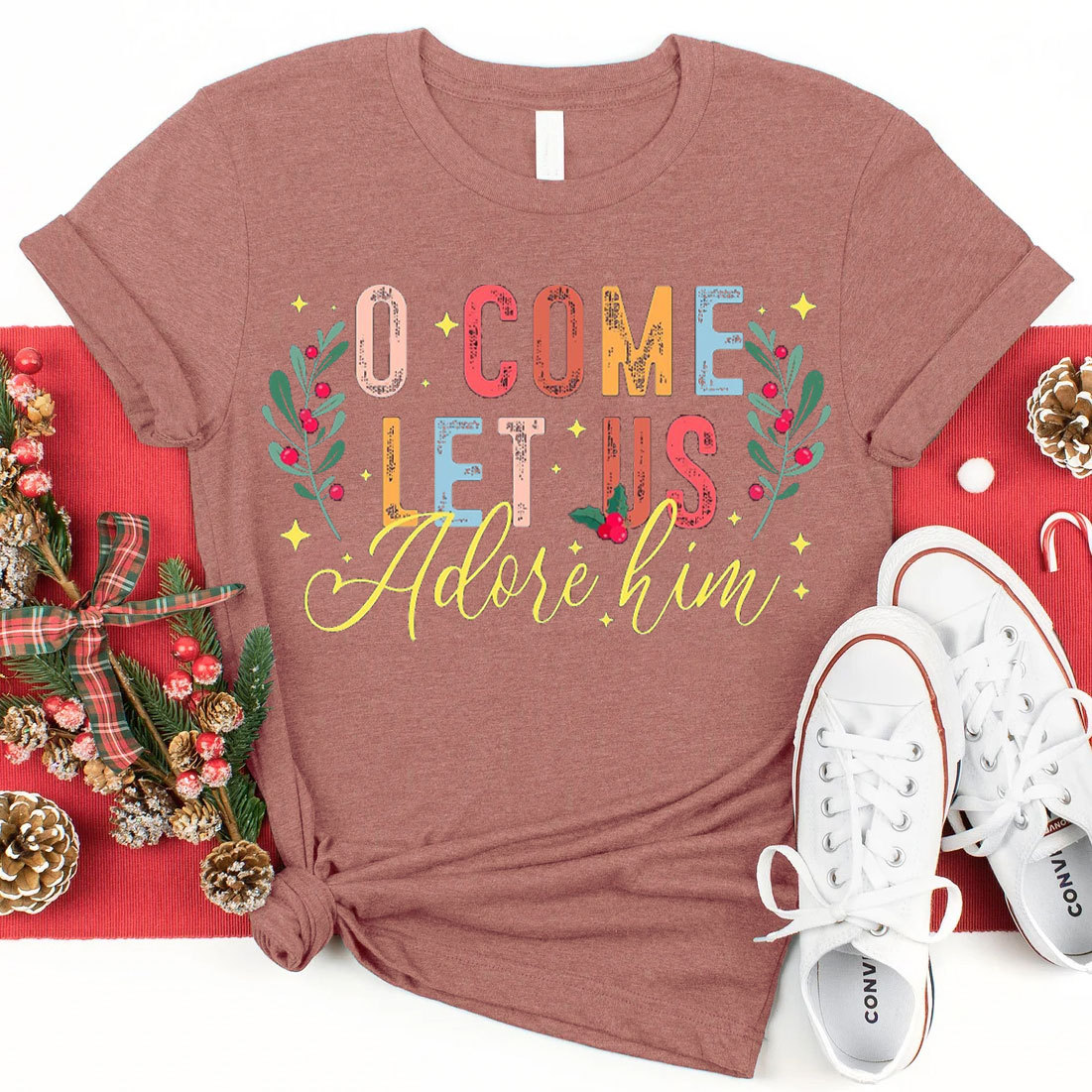 O Come Let Adore Him Christian Christmas T-Shirt