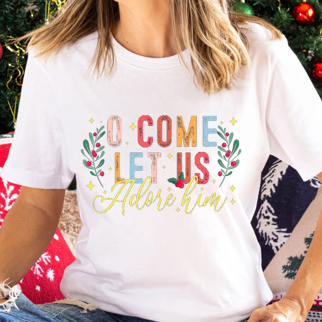 O Come Let Adore Him Christian Christmas T-Shirt
