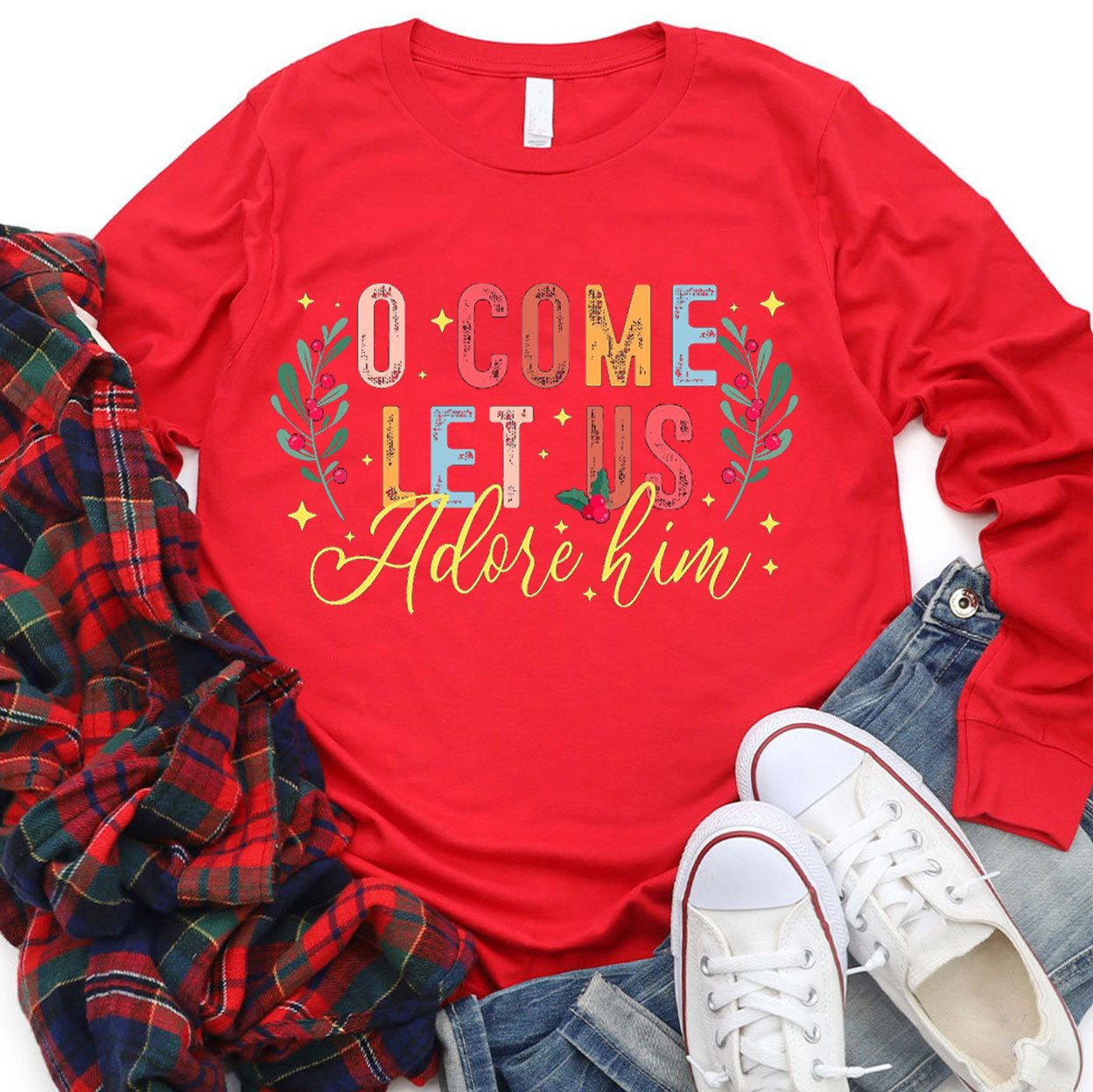 O Come Let Adore Him Christian Christmas T-Shirt