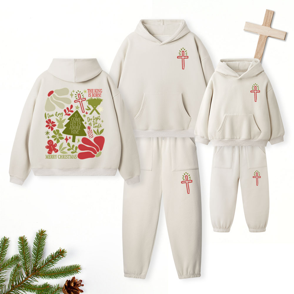 O Come Let Adore Him Christian Premium Matching Fleece Hoodie Set