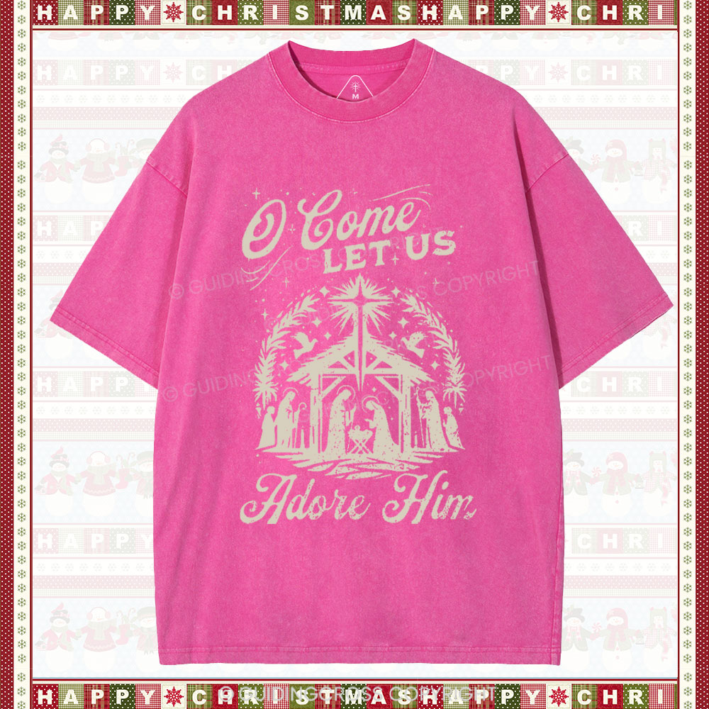 O Come Let Us Adore Him Chrisitian Christmas Washed T-Shirt