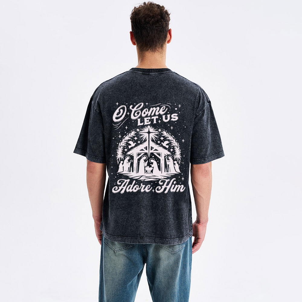 O Come Let Us Adore Him Christian Christmas Washed T-Shirt