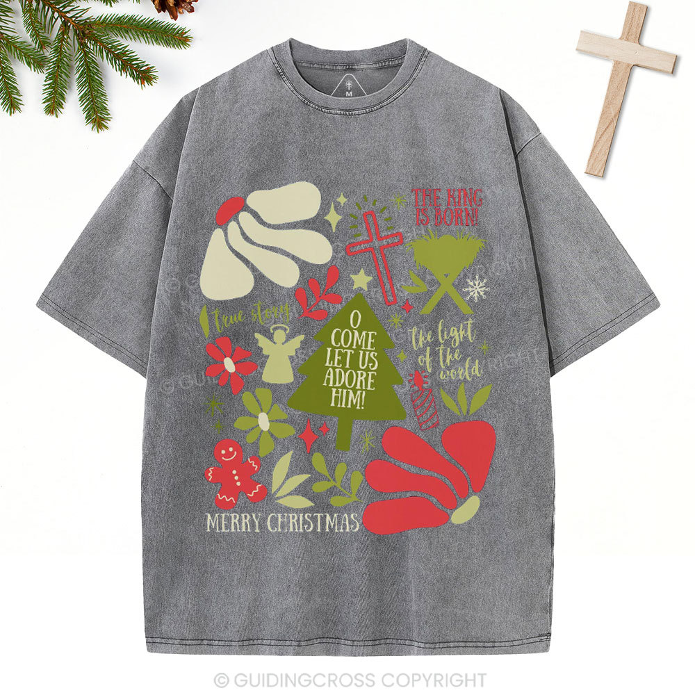 O Come Let Us Adore Him Christian Christmas Washed T-Shirt