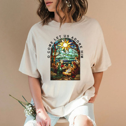 O Come Let Us Adore Him Christian Washed T-shirt