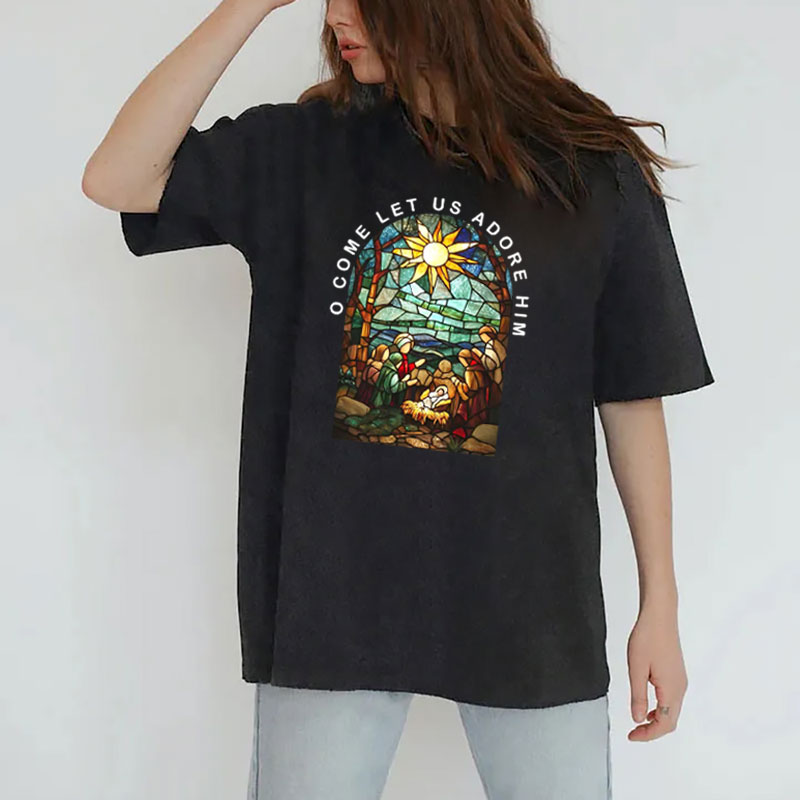 O Come Let Us Adore Him Christian Washed T-shirt