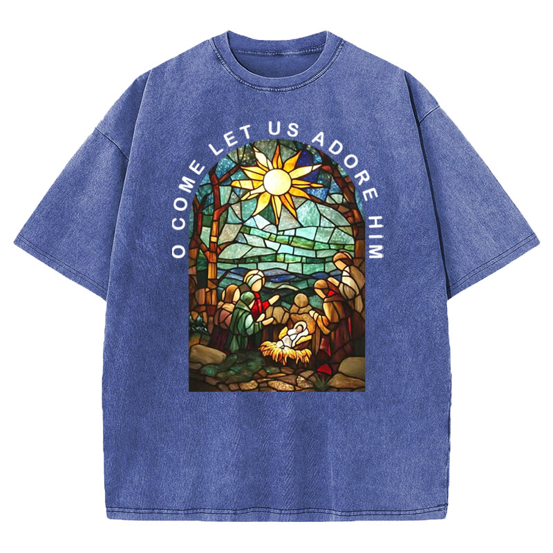 O Come Let Us Adore Him Christian Washed T-shirt