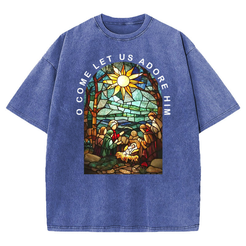 O Come Let Us Adore Him Christian Washed T-shirt