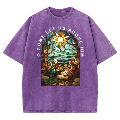 O Come Let Us Adore Him Christian Washed T-shirt