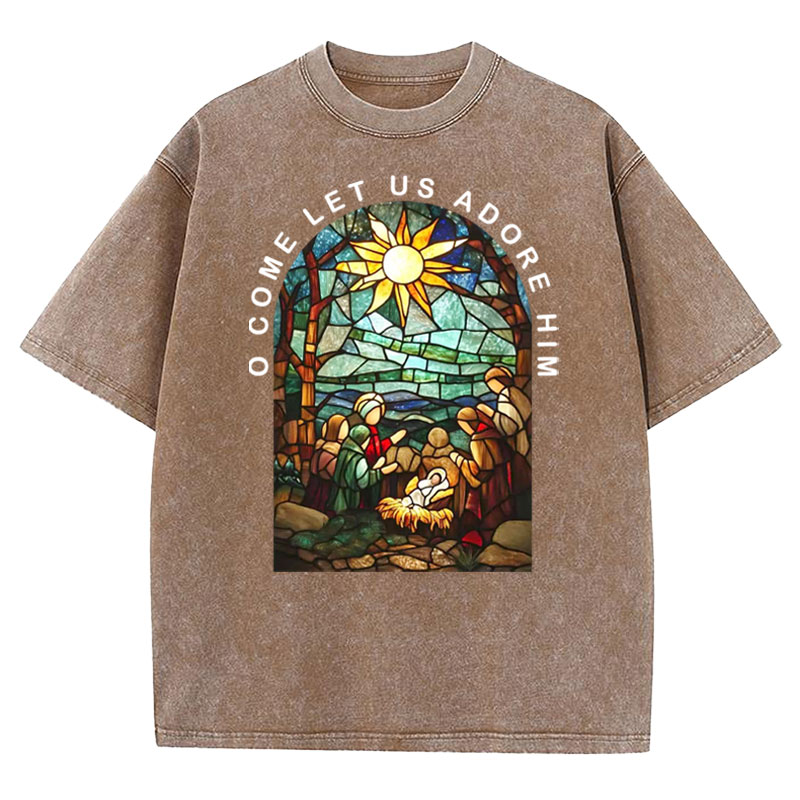 O Come Let Us Adore Him Christian Washed T-shirt
