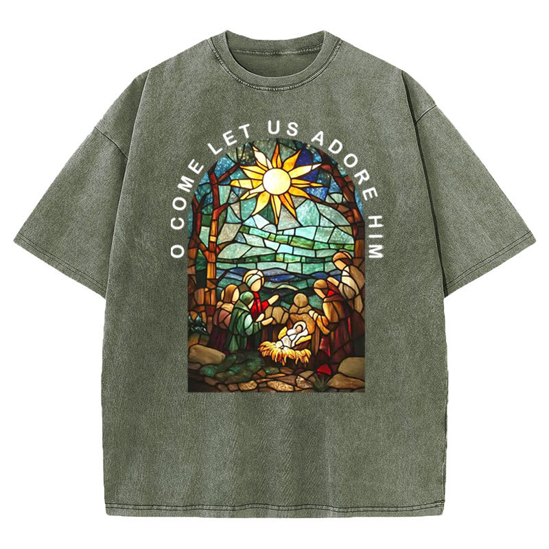 O Come Let Us Adore Him Christian Washed T-shirt
