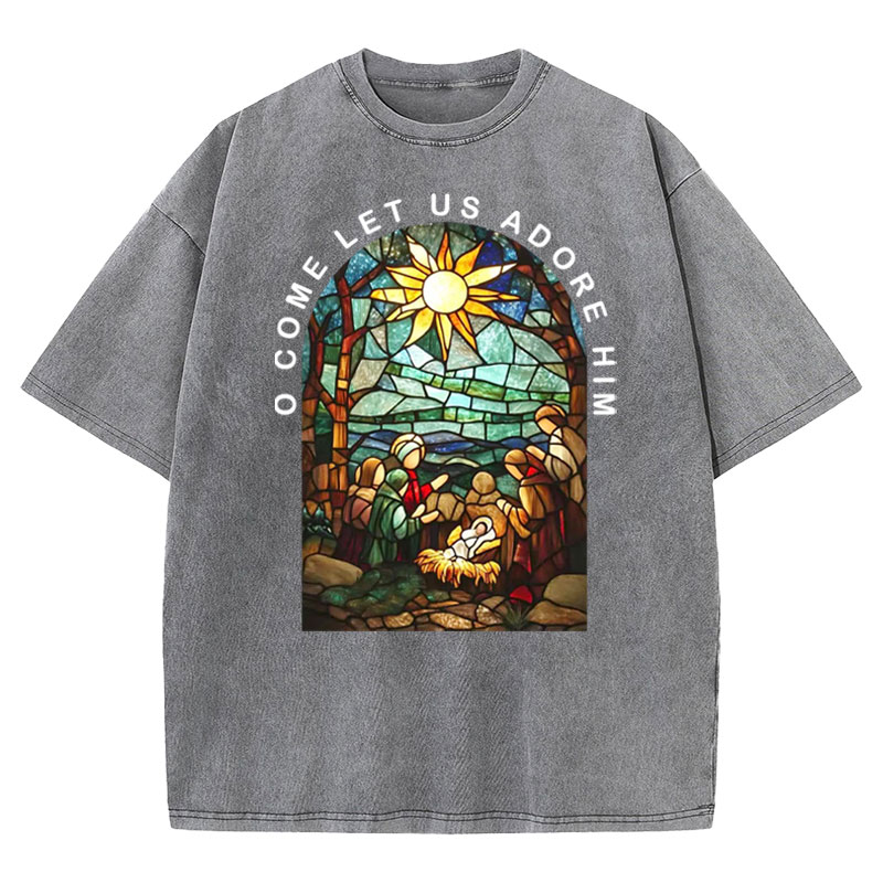 O Come Let Us Adore Him Christian Washed T-shirt