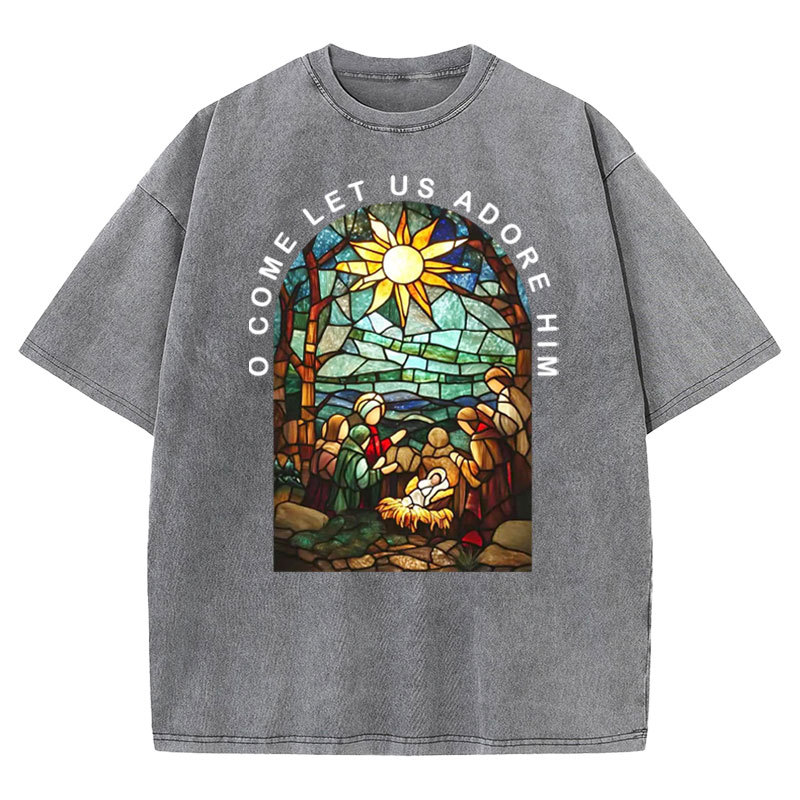 O Come Let Us Adore Him Christian Washed T-shirt