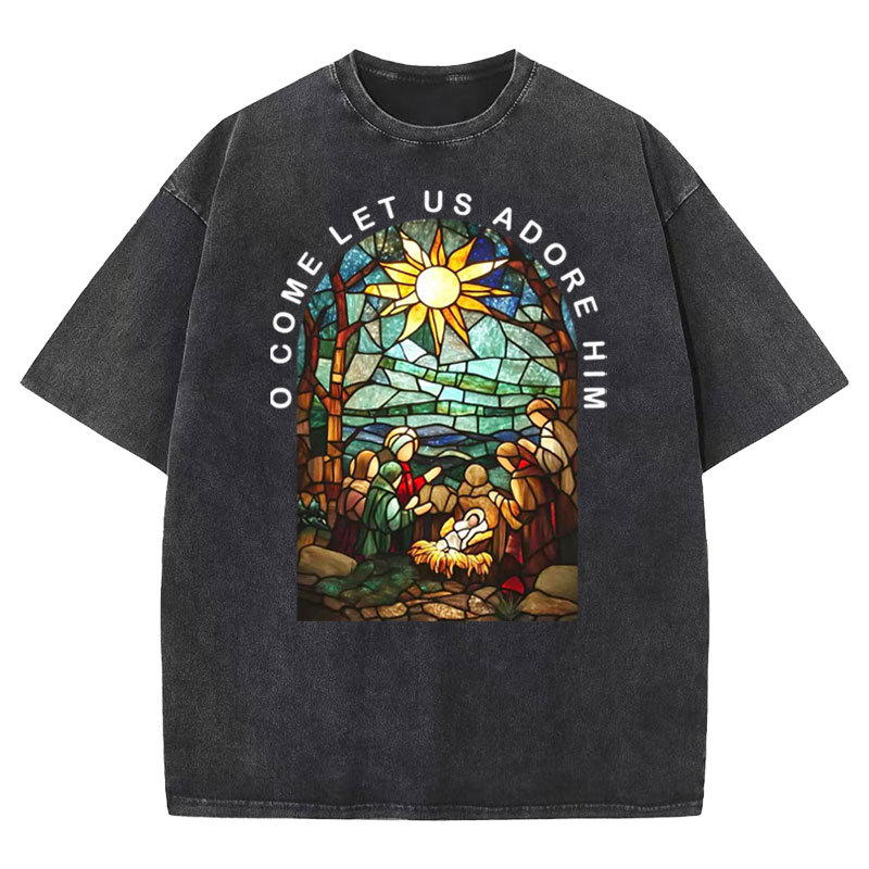 O Come Let Us Adore Him Christian Washed T-shirt