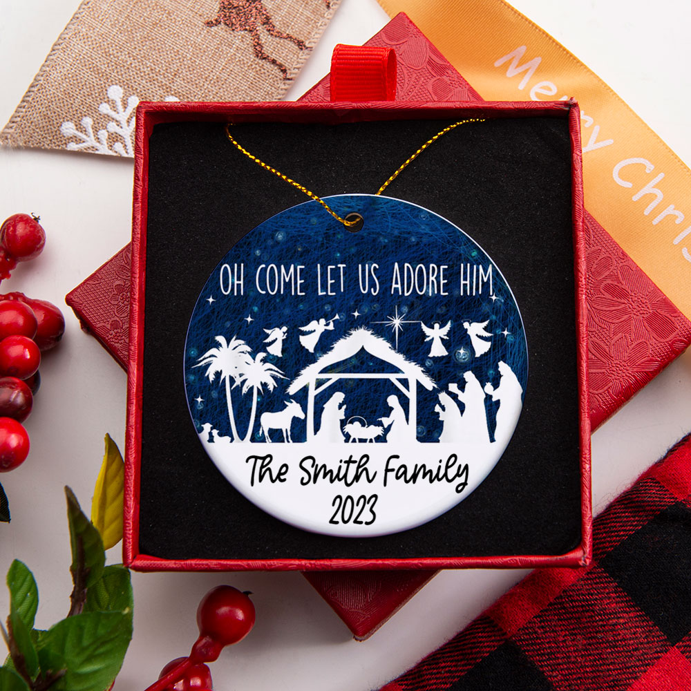 Oh Come Let Us Adore HIm Christian Christmas Ornament