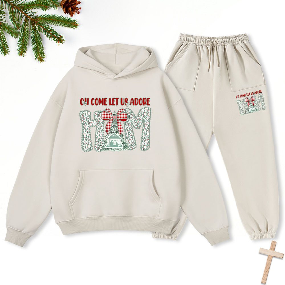 Oh Come Let Us Adore Him Christian Christmas Premium Fleece Hoodie Set
