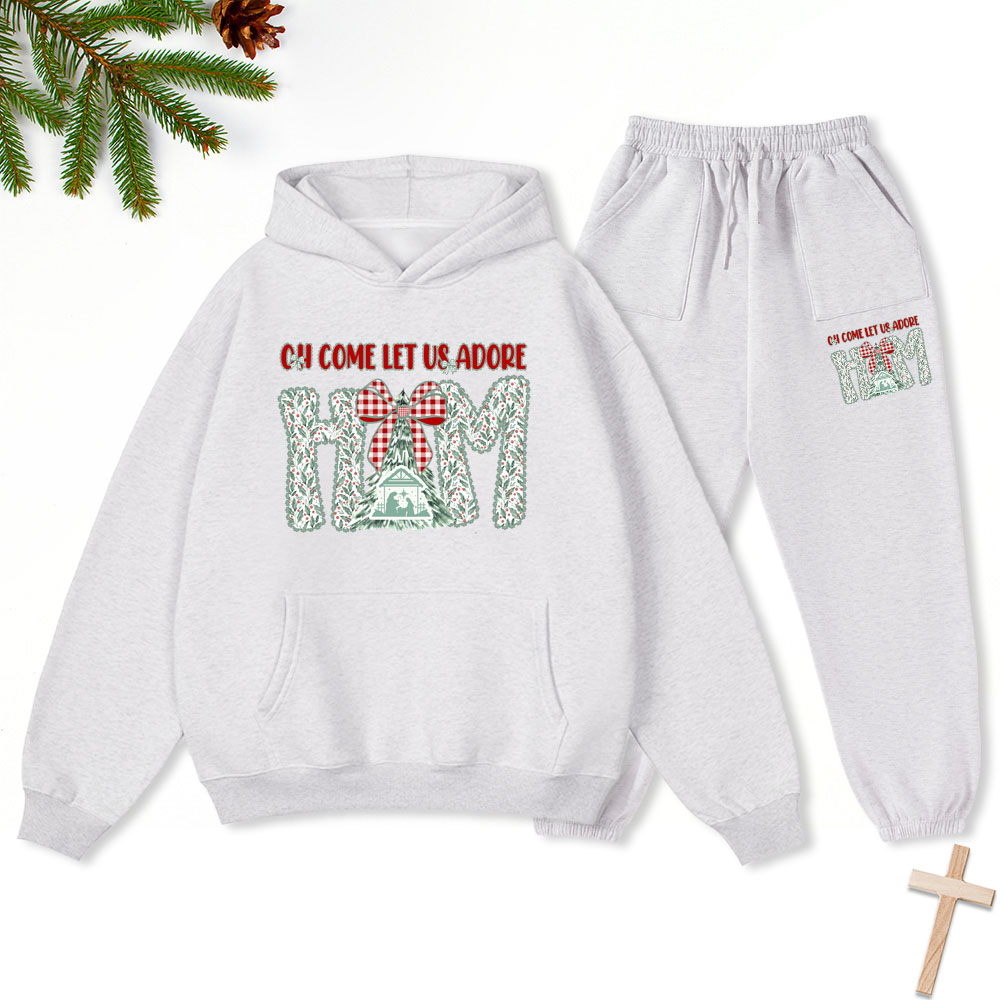 Oh Come Let Us Adore Him Christian Christmas Premium Fleece Hoodie Set