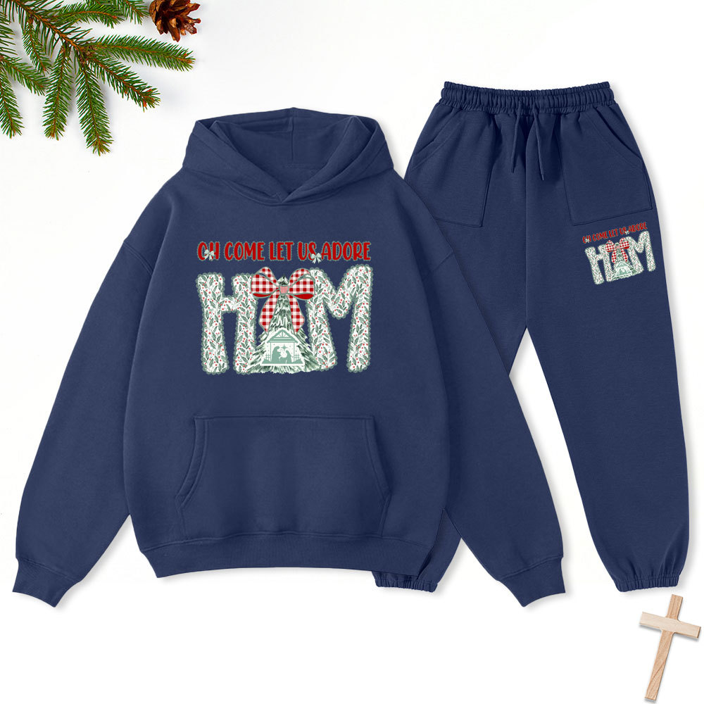 Oh Come Let Us Adore Him Christian Christmas Premium Fleece Hoodie Set