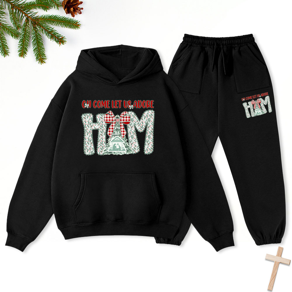 Oh Come Let Us Adore Him Christian Christmas Premium Fleece Hoodie Set