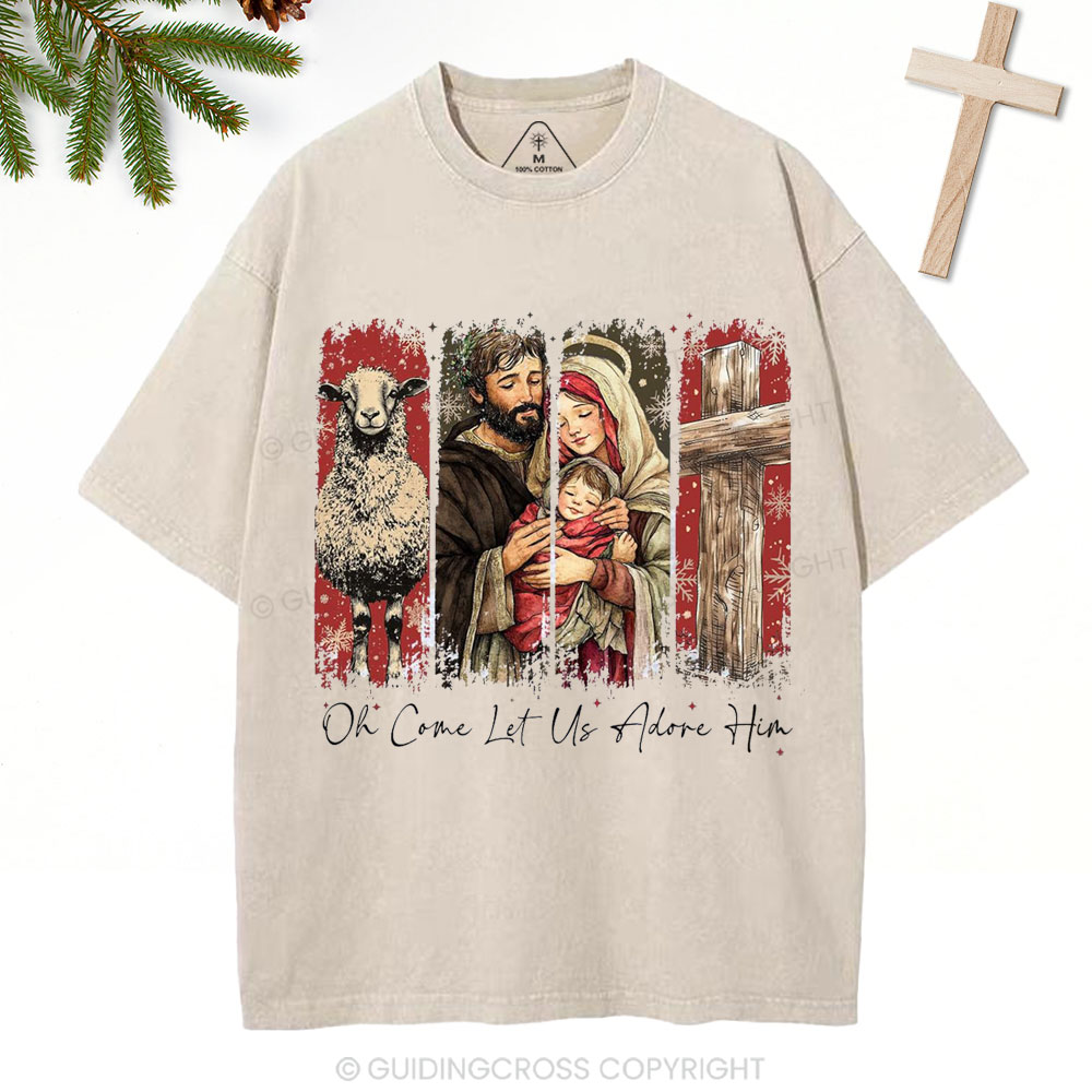 Oh Come Let Us Adore Him Christian Christmas Washed T-Shirt