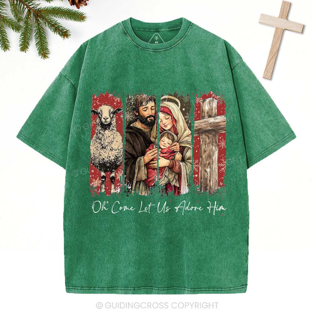 Oh Come Let Us Adore Him Christian Christmas Washed T-Shirt
