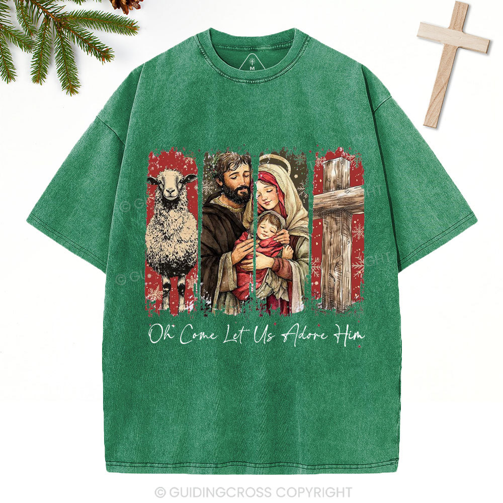 Oh Come Let Us Adore Him Christian Christmas Washed T-Shirt