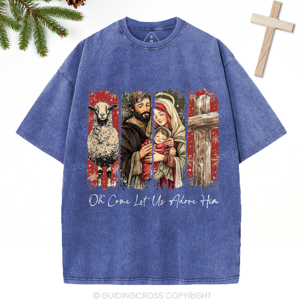 Oh Come Let Us Adore Him Christian Christmas Washed T-Shirt
