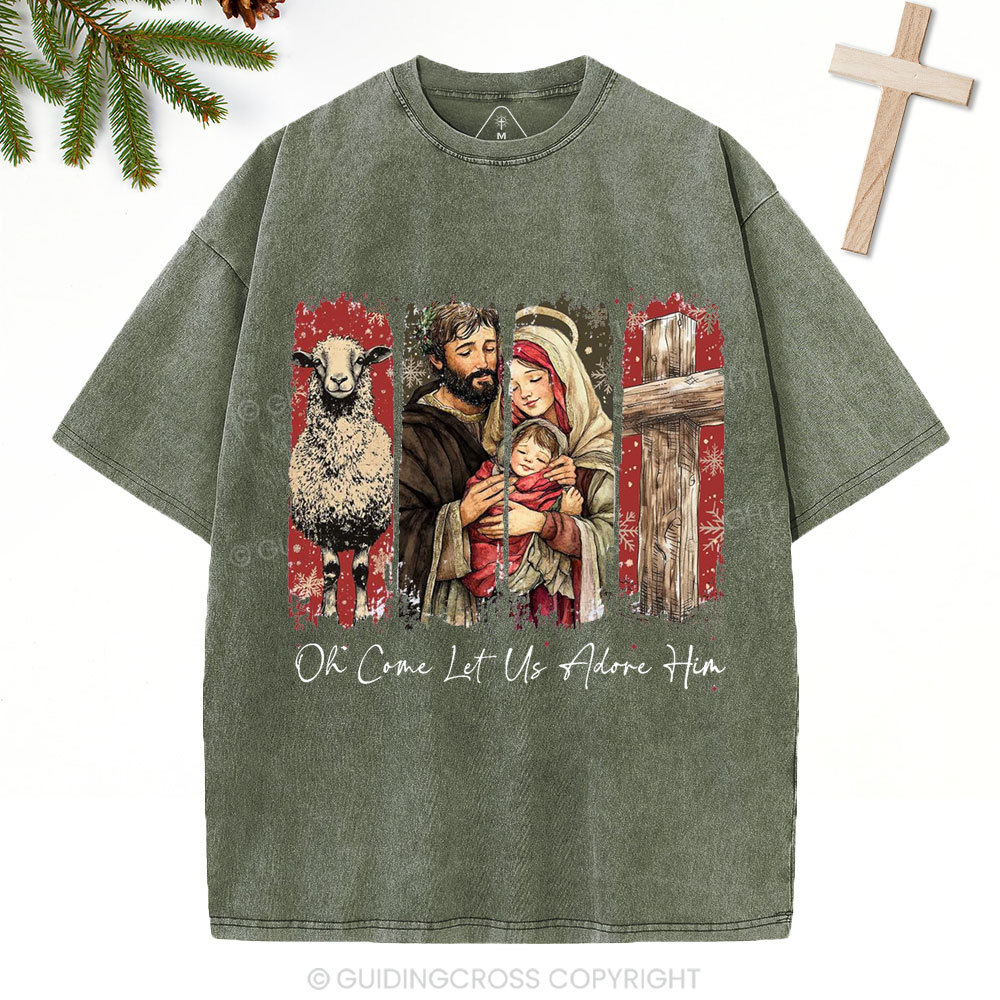 Oh Come Let Us Adore Him Christian Christmas Washed T-Shirt