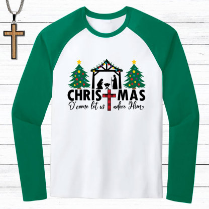 Oh Come Let Us Adore Him Christmas Christian Raglan Long Sleeve T-Shirt